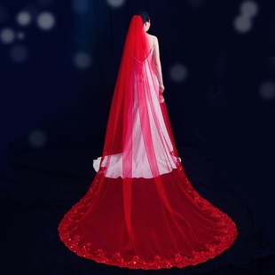 曼真新款中式红色新娘头纱长拖尾头纱 豪华长拖尾蕾丝花边V86