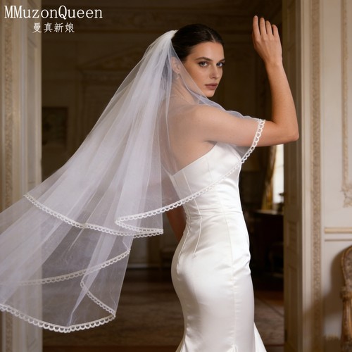 曼真新款蕾丝包边双层新娘头纱