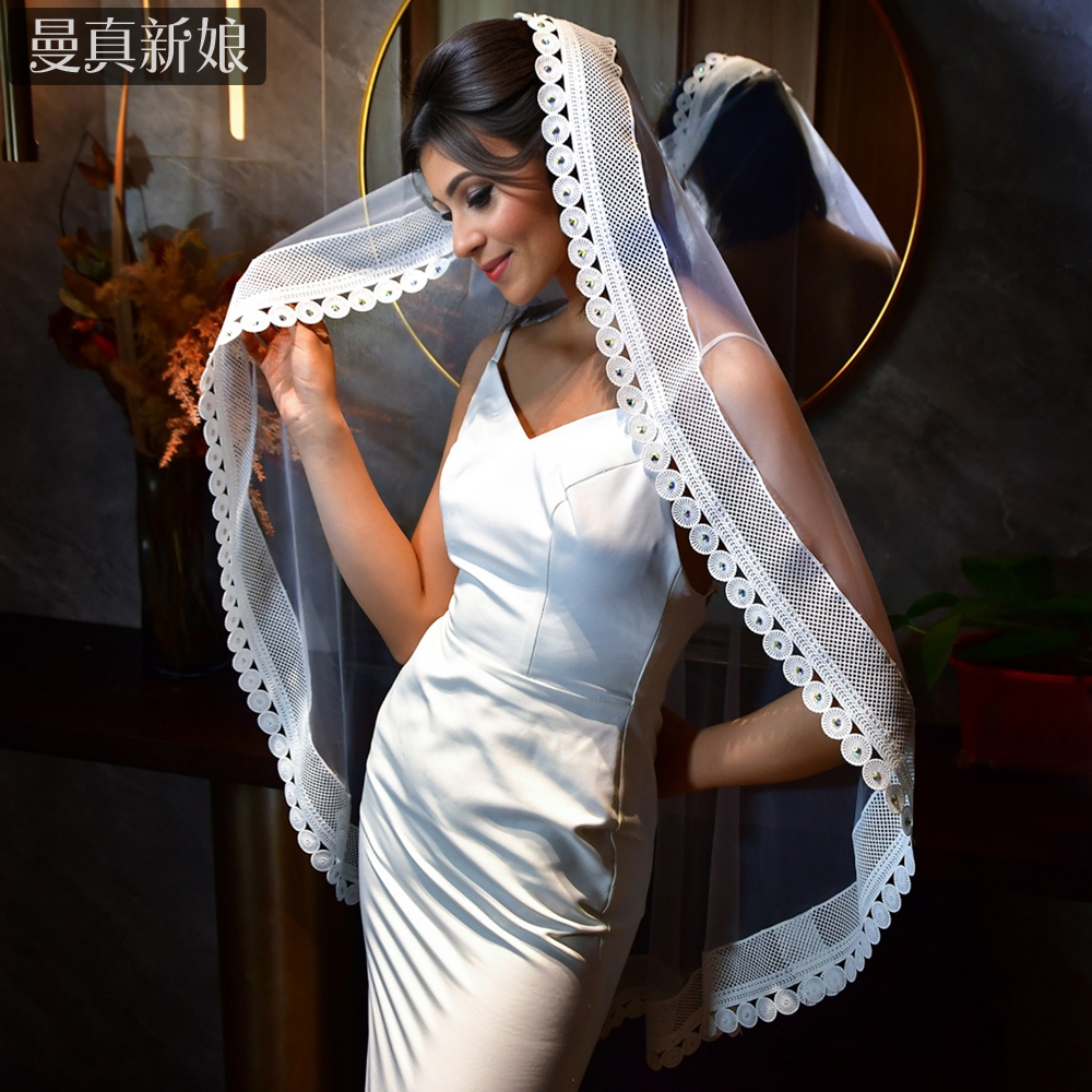 曼真 婚礼领证求婚短款小头纱 镶钻无发梳可调整diy造型头纱 m57