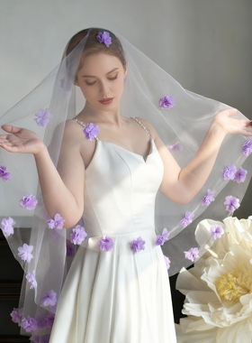 曼真紫色立体花朵新娘头纱无发梳浪漫唯美婚纱礼服拍照道具M133