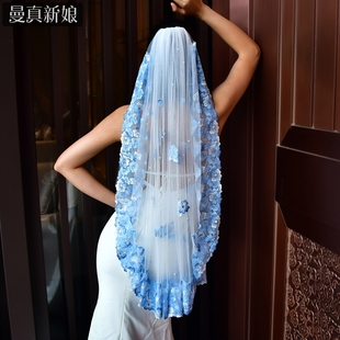 曼真 浪漫梦幻主题婚礼蓝色花朵新娘短头纱带发梳网红热销小头M42