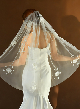 曼真指尖长白色新娘头纱立体小花蕾丝花朵优雅百搭结婚纱M114A