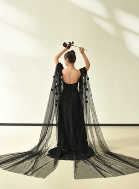 曼真黑色韩式珍珠花朵结婚披肩 手工可拆卸披肩袖纱婚礼配饰VG110