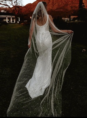 曼真 新娘珍珠头纱简约领证登记新娘头饰白色钉珠结婚头纱发饰M61