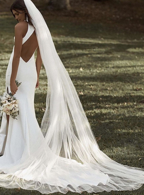 曼真 新娘长款单层头纱 白色简约柔软拖尾头饰素纱带发梳面纱 M92