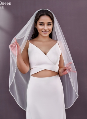 曼真新款欧美高级新娘头纱重工纯手工串珠边单层结婚头纱V235