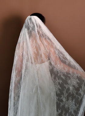 曼真韩式高级蕾丝网新娘头纱 白色长拖尾单层新娘婚礼头纱V306