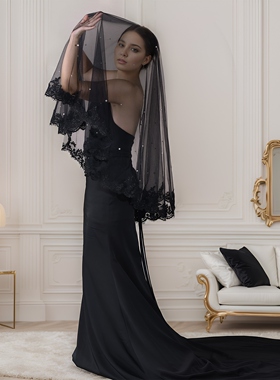 曼真黑色无发梳蕾丝花边头纱白珍珠旅拍婚纱复古拍照道具V65-A