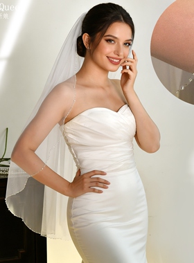 曼真 白色手工串珠头纱新娘结婚主婚纱法式领证拍照道具V33