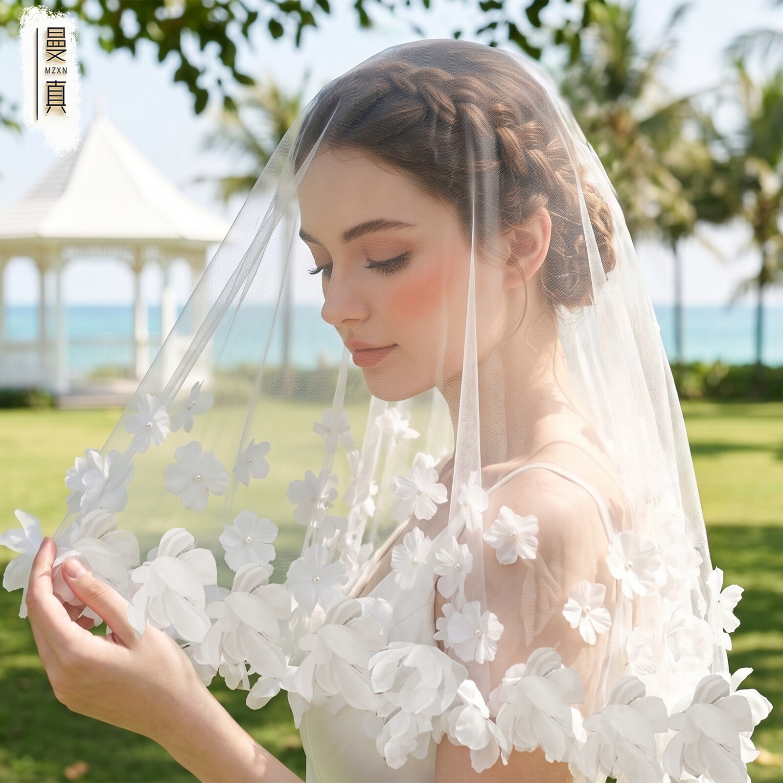 曼真新款花花新娘头纱日韩小清新浪漫氛围感无发梳结婚盖头V230