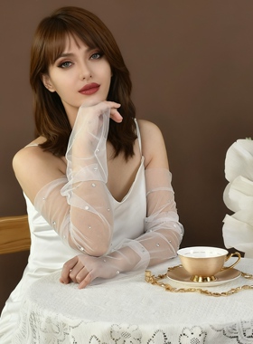曼真超仙白色网纱水钻手套新娘婚礼拍照无指长款婚纱配饰MM02