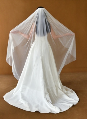 曼真 新娘长款单层头纱 白色简约柔软拖尾头饰素纱带发梳面纱 M92