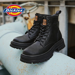 Dickies马丁靴女黑色靴子女2025冬季 加绒保暖英伦侧拉链皮靴百搭