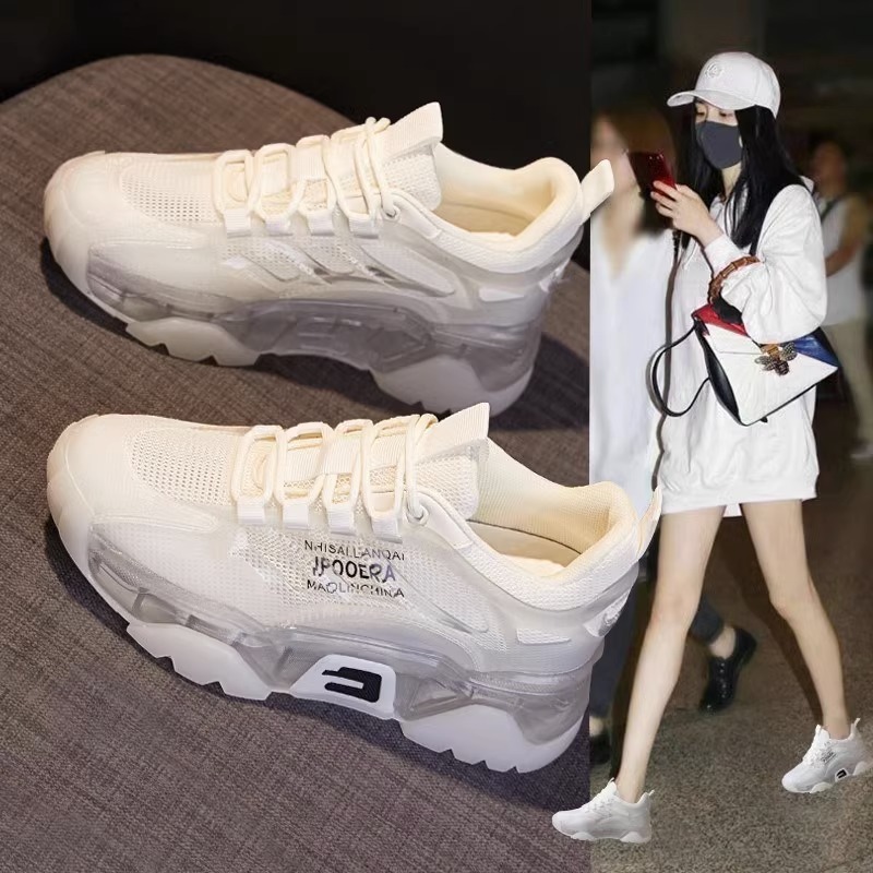 2025新款老爹鞋女insw潮果冻底网面透气女鞋内增高春秋季小白鞋子