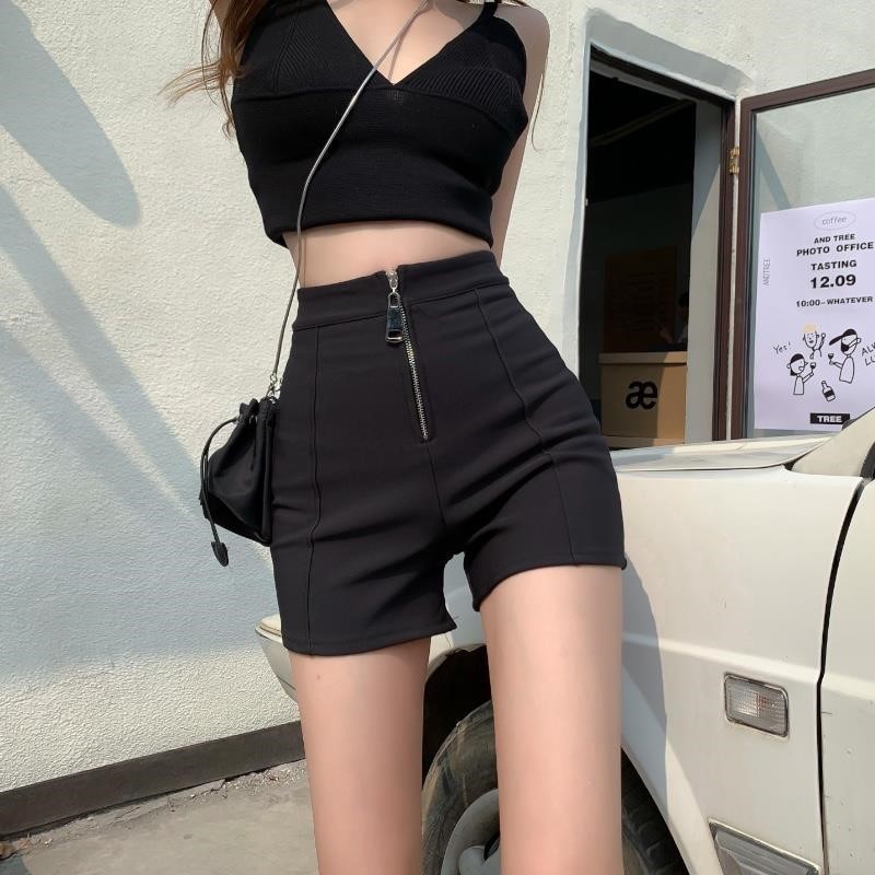 黑色拉链短裤女高腰宽松显瘦A字阔腿休闲热裤2024夏季新款小个子