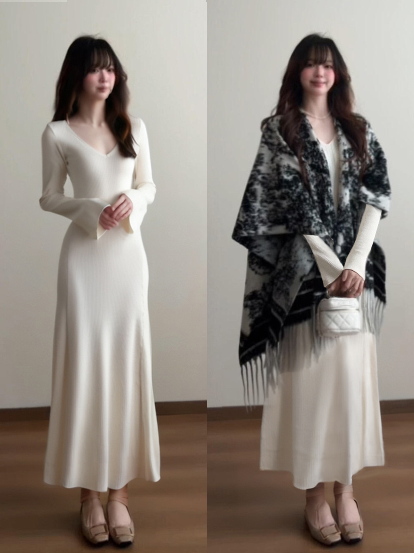 白色长袖针织连衣裙长款女大衣内搭打底裙子早秋冬季巨好看老钱风