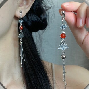 新中式移花接木耳环国潮耳饰古风长款莲花流苏耳饰无耳洞耳夹女