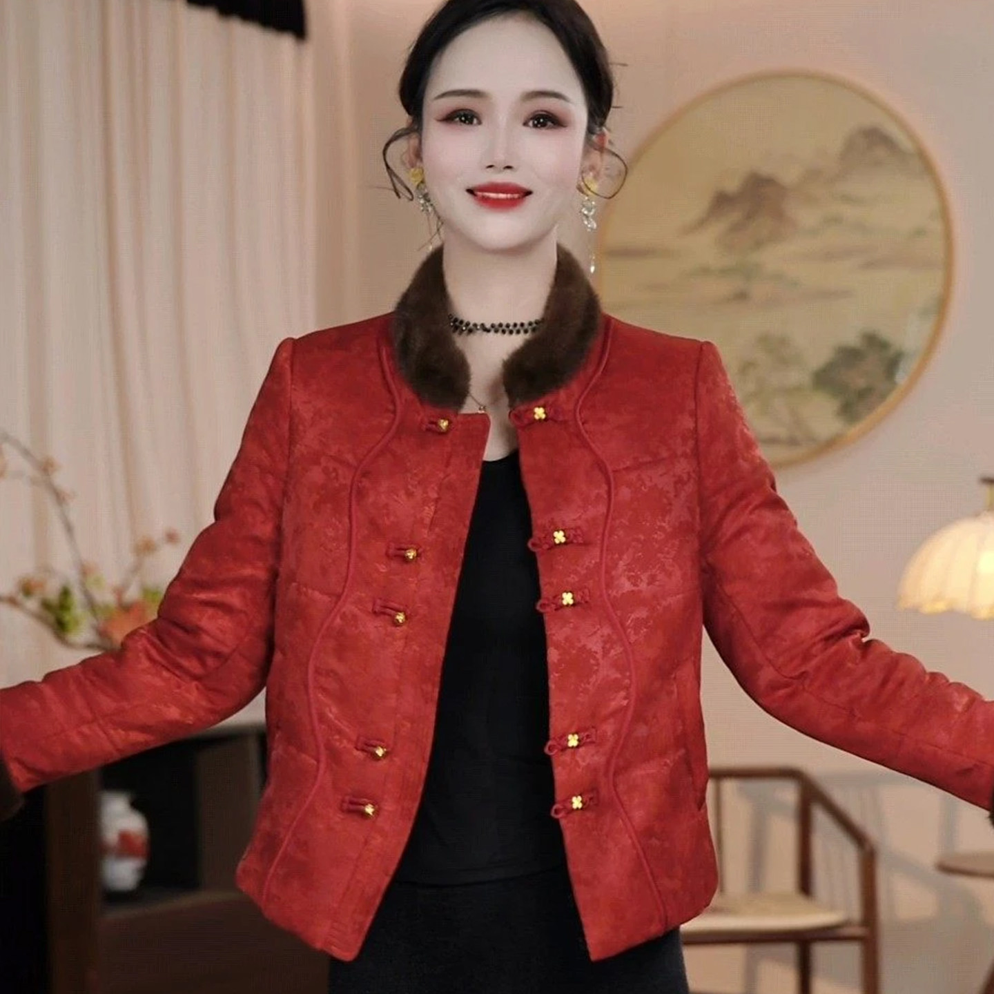 新中式国风红色夹棉短外套女冬小个子毛领棉服年轻唐装妈妈花棉袄