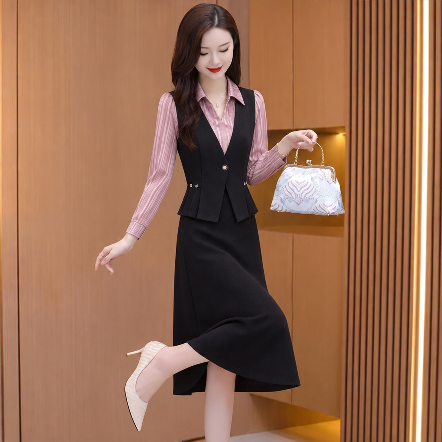 假两件马甲连衣裙女秋长袖高端上档次妈妈衬衫裙子高智感收腰显瘦
