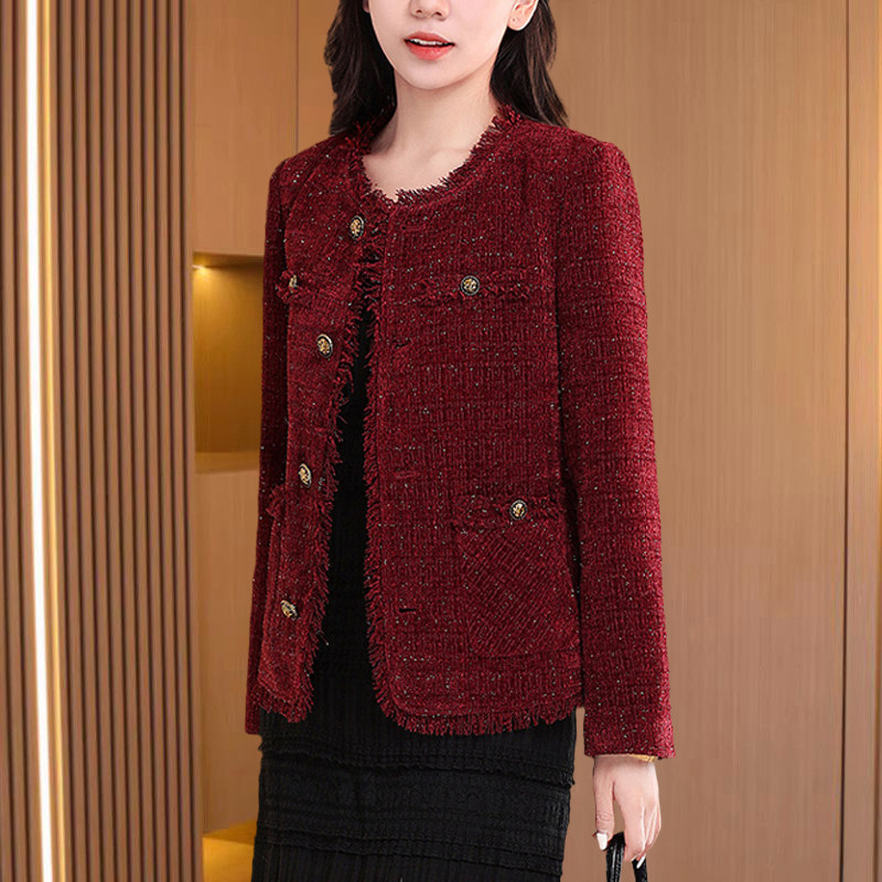 红色小香风毛呢外套女2026春秋贵妃绒高级感贵夫人品牌妈妈短上衣