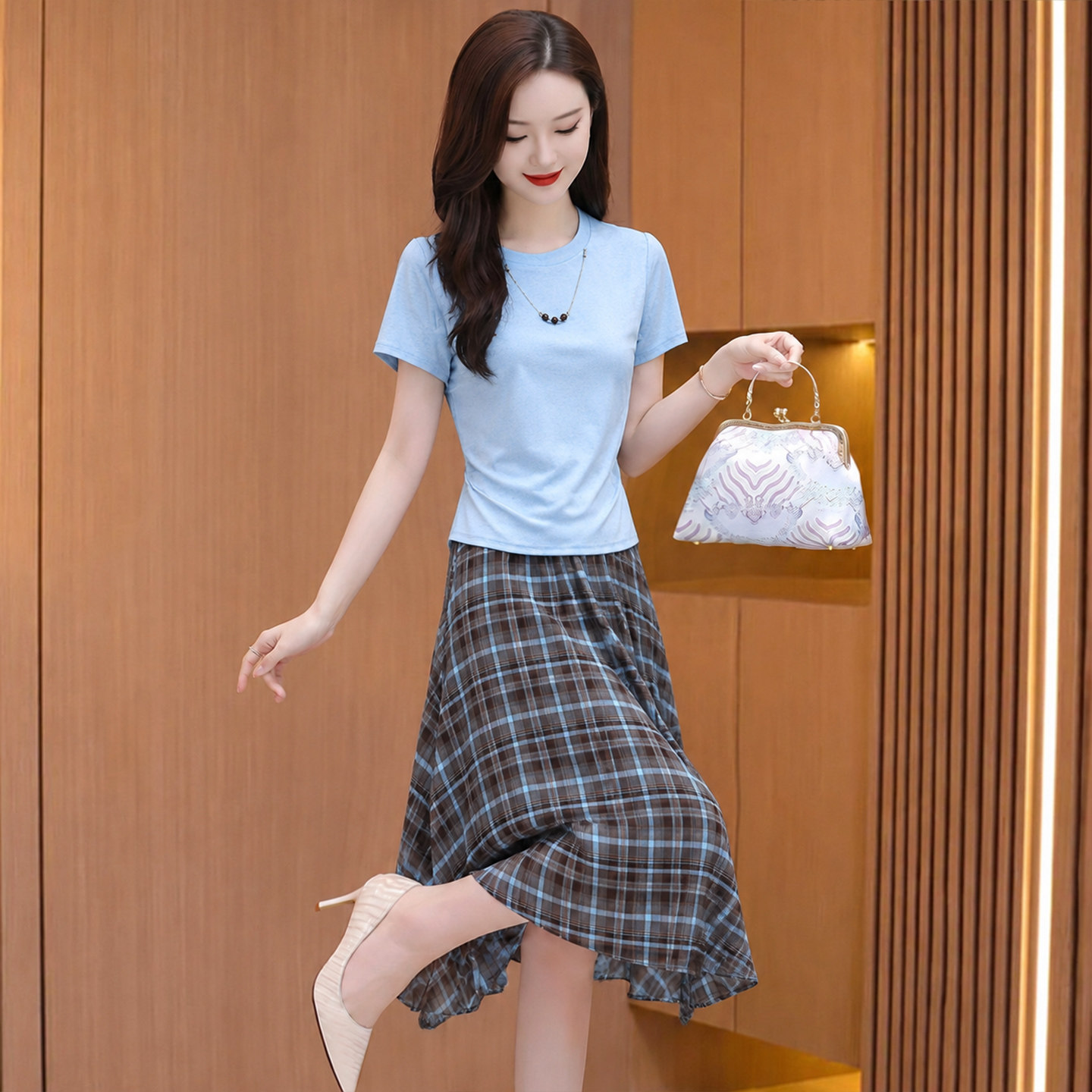 短袖格子半身裙两件套装连衣裙女夏妈妈洋气减龄显瘦穿搭十三行爆