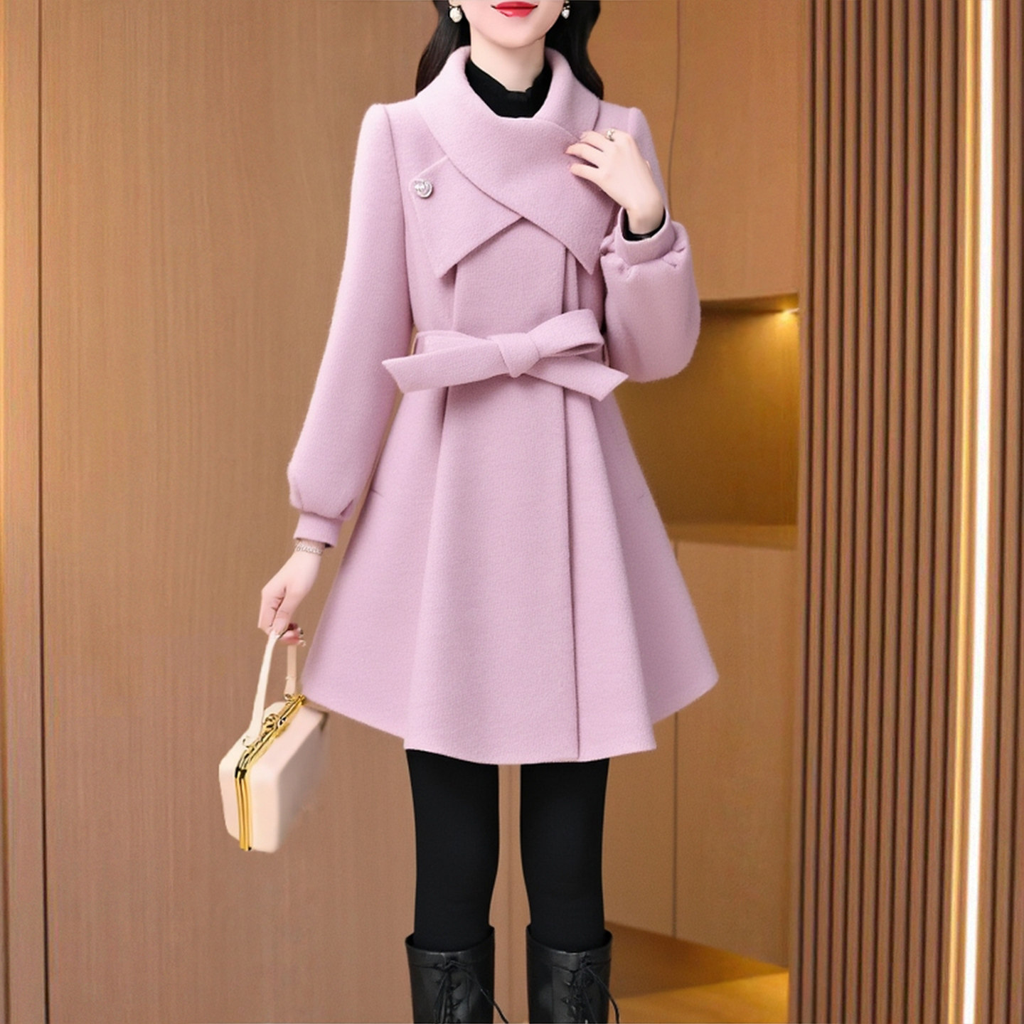 晋江小香风粉色棉服女冬夹棉加厚围巾领呢子大衣中长款洋气质棉袄