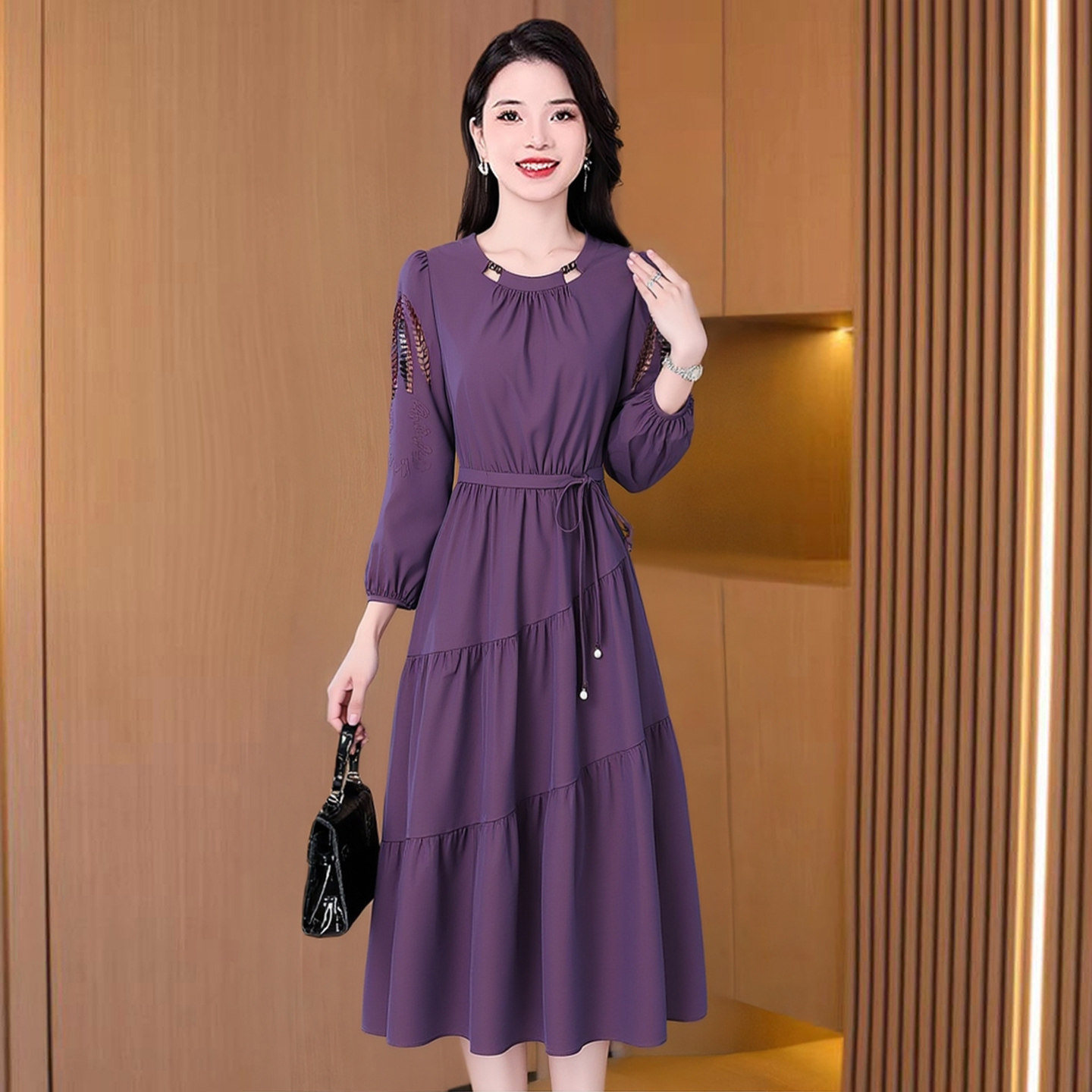 紫色连衣裙女春秋长袖高档品牌轻奢高级感广州十三行喜婆婆婚礼服