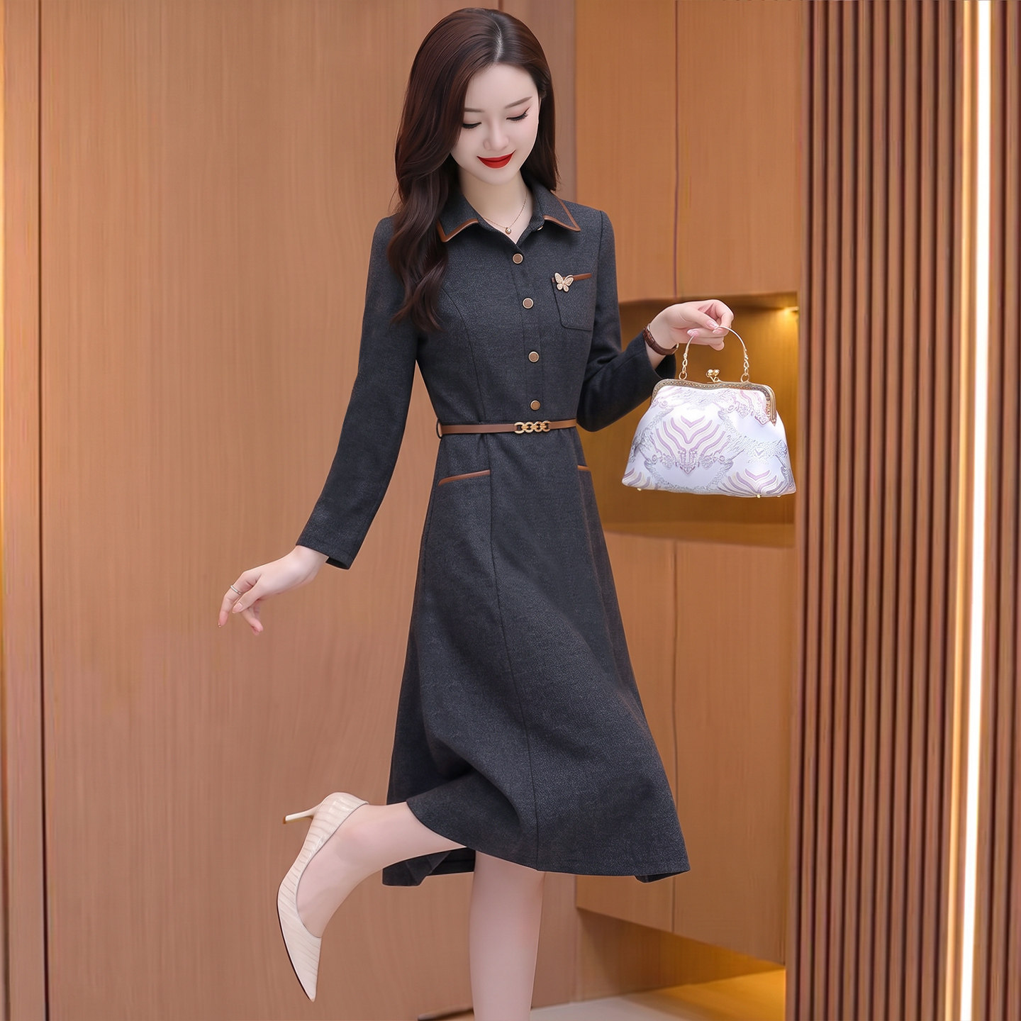 长袖气质收腰遮肚子遮胯连衣裙女春秋轻奢高级感妈妈衬衫裙子高端