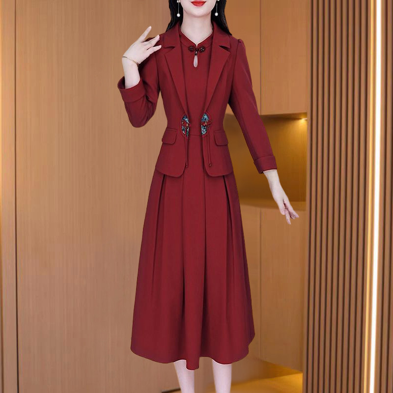 新中式国风连衣裙子女春秋喜婆婆年轻妈妈旗袍两件套装广州十三行