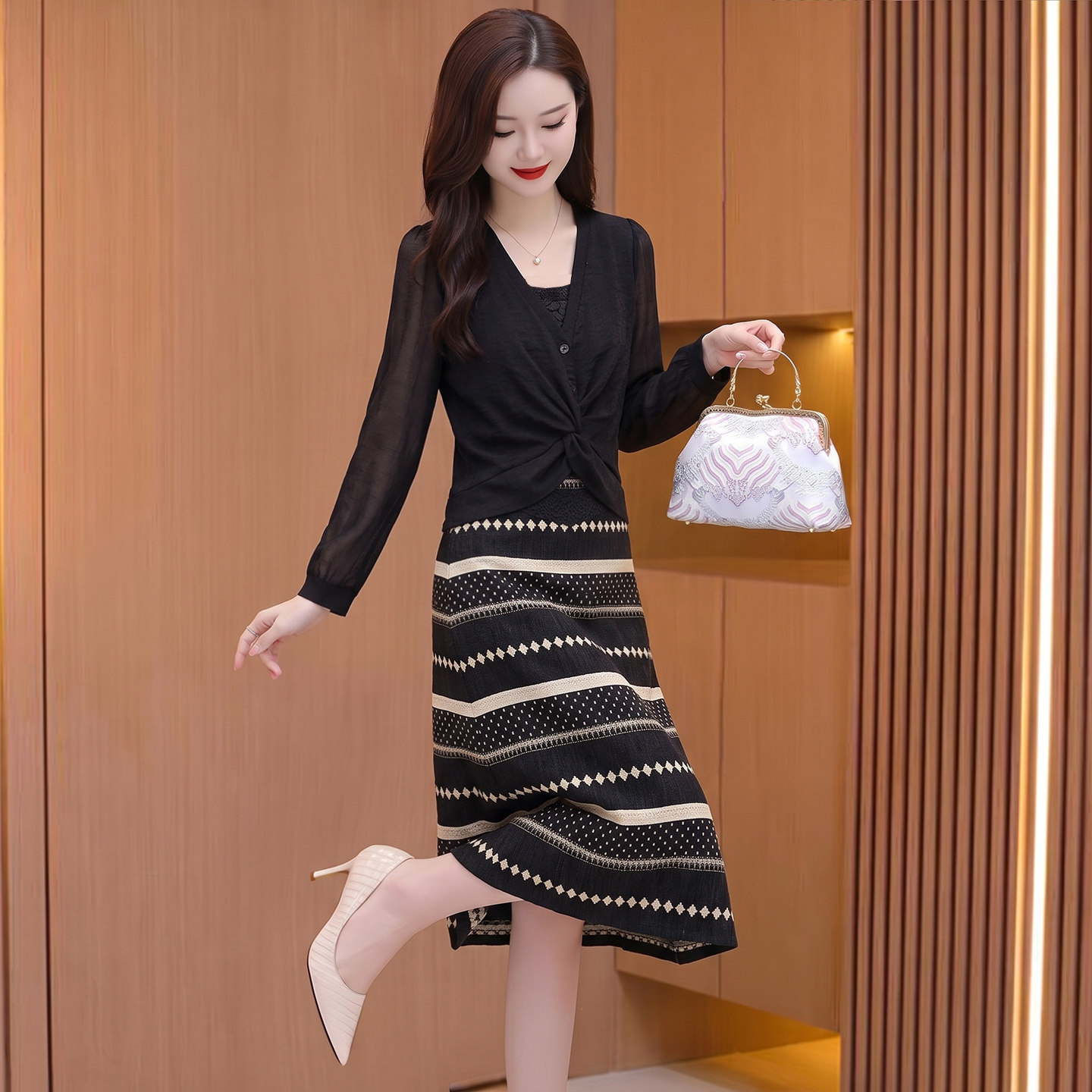 遮肚子遮胯连衣裙女秋季两件套装长袖气质显瘦穿搭妈妈高端长裙子