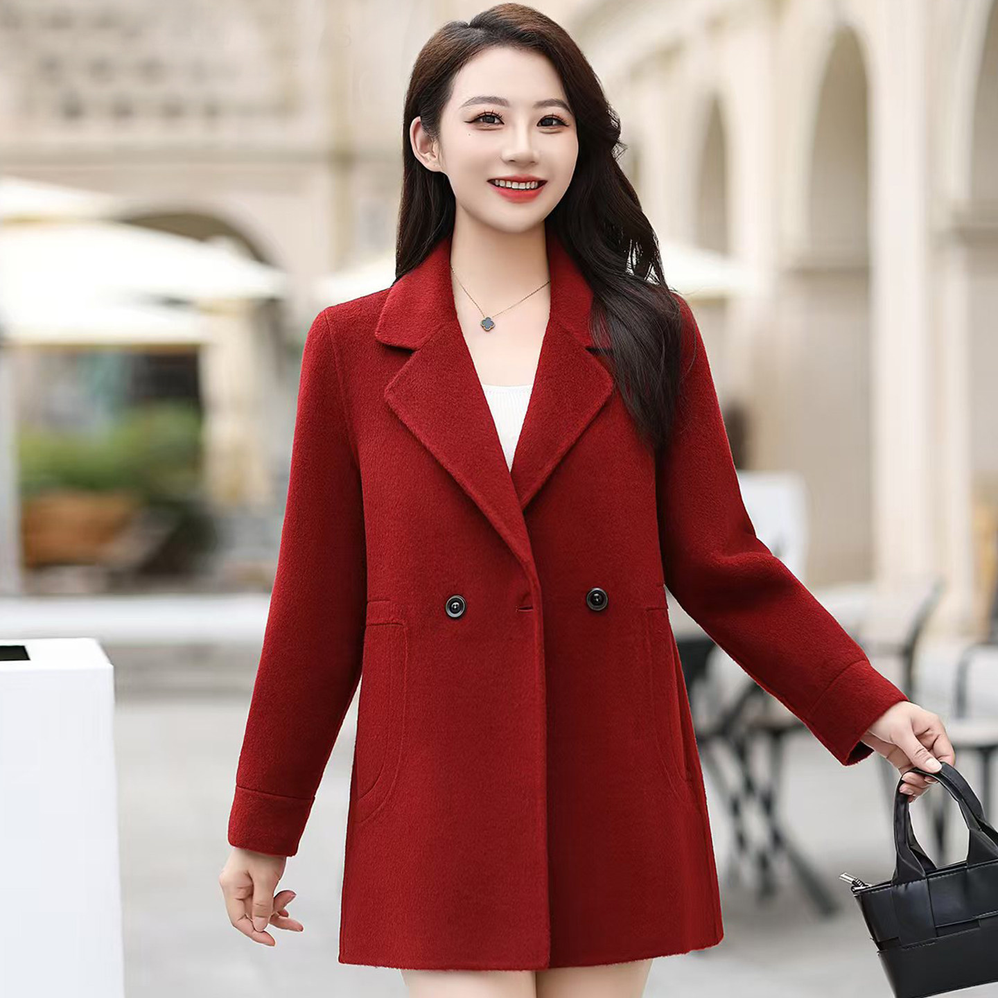 红色短款毛呢外套女士秋冬翻领中长款呢子大衣中年妈妈气质高级感