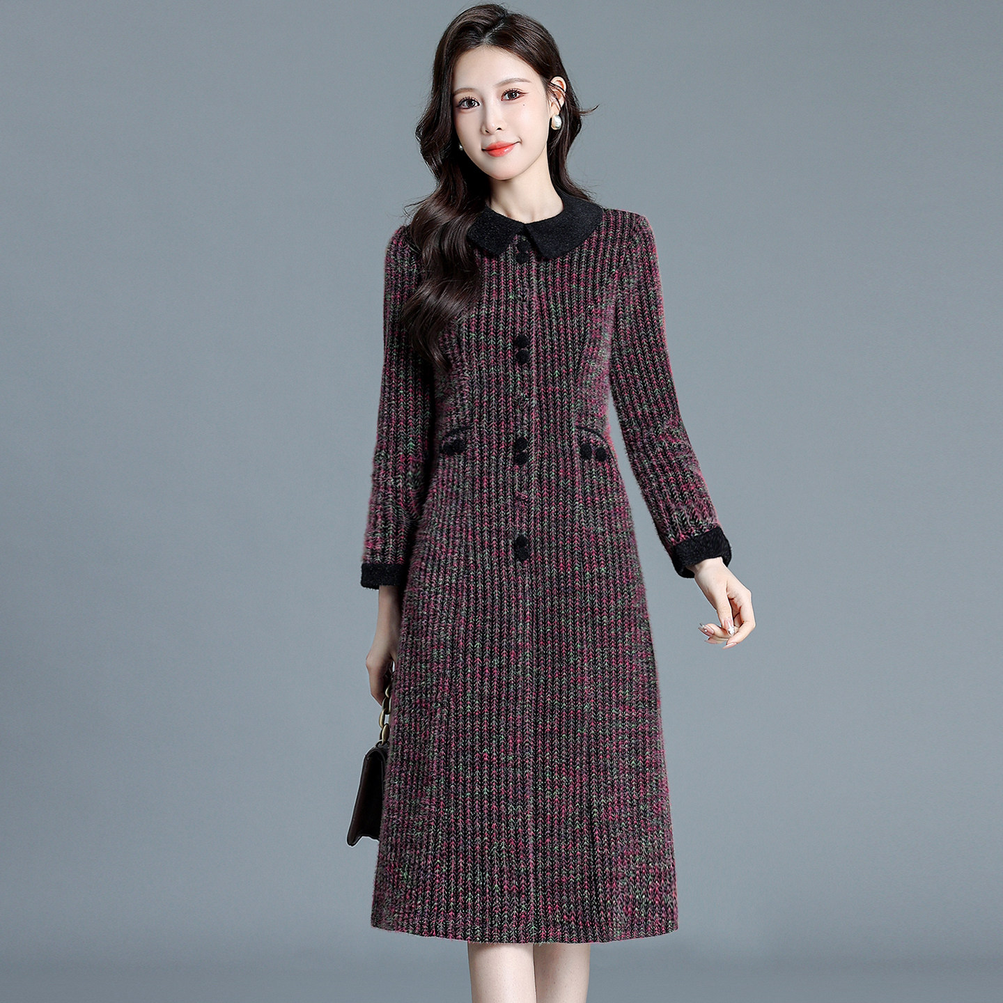 长袖翻领连衣裙子女春秋40减龄妈妈修身显瘦收腰针织高级感十三行