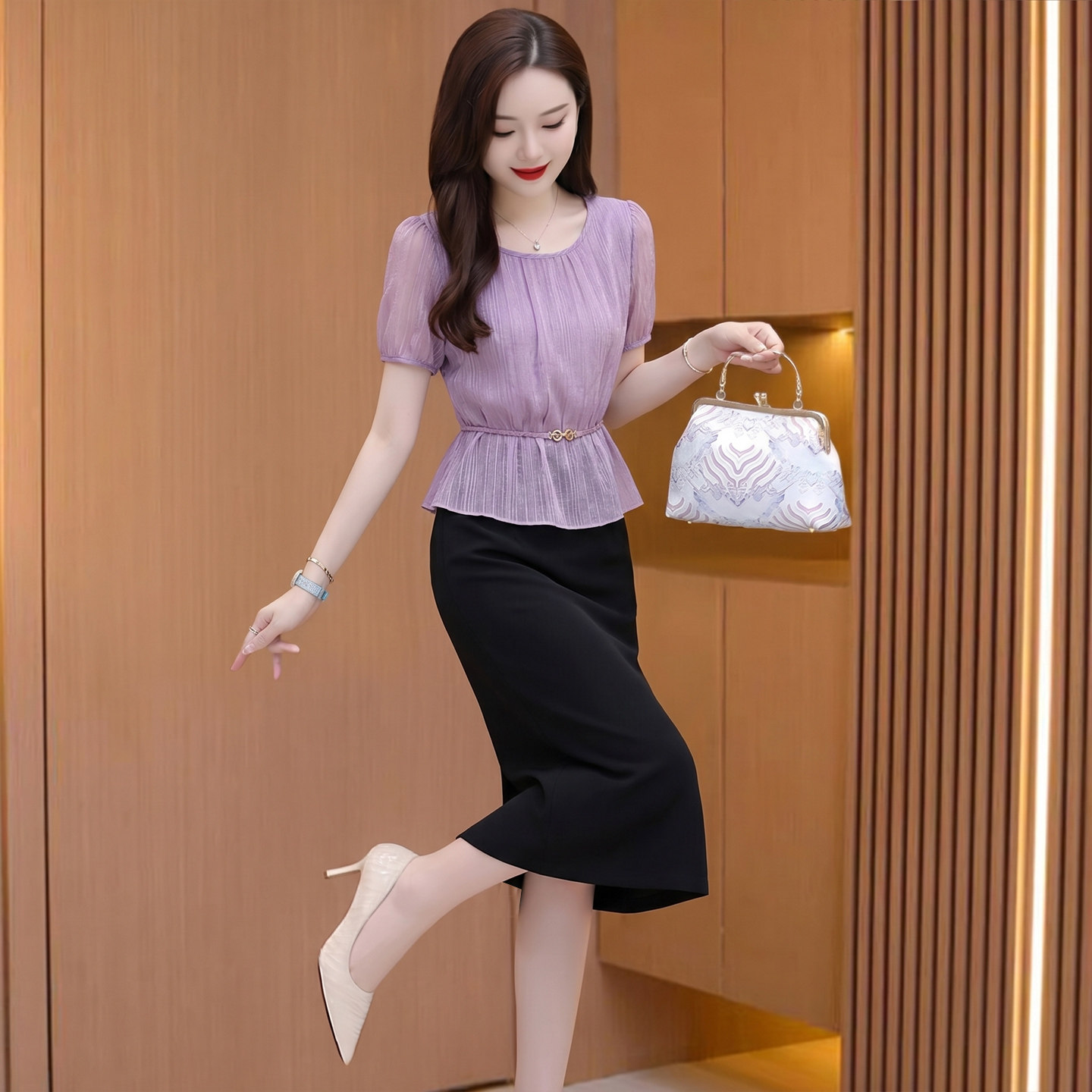 假两件雪纺连衣裙子女夏高端大气上档次收腰显瘦妈妈洋气减龄穿搭