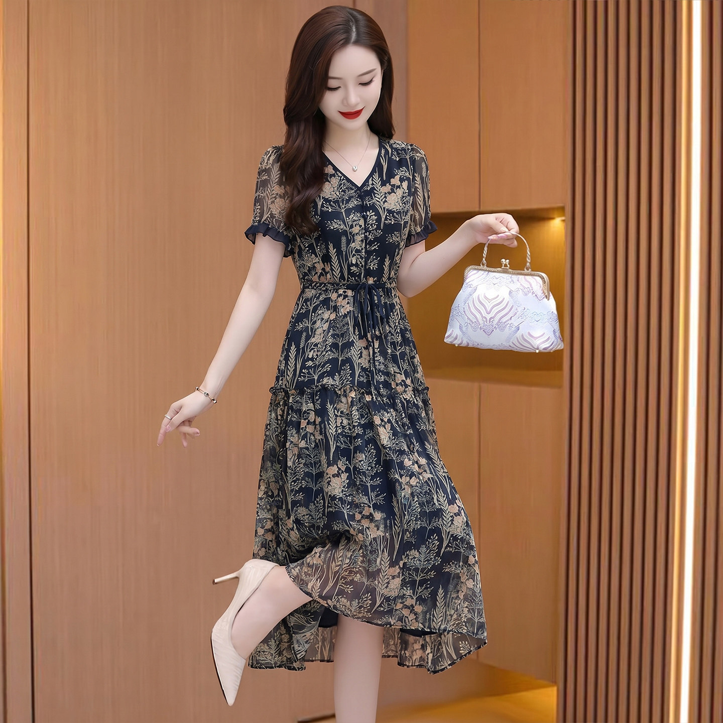 欧根纱料连衣裙女夏中年妈妈超火减龄小个子旗袍上档次广州十三行