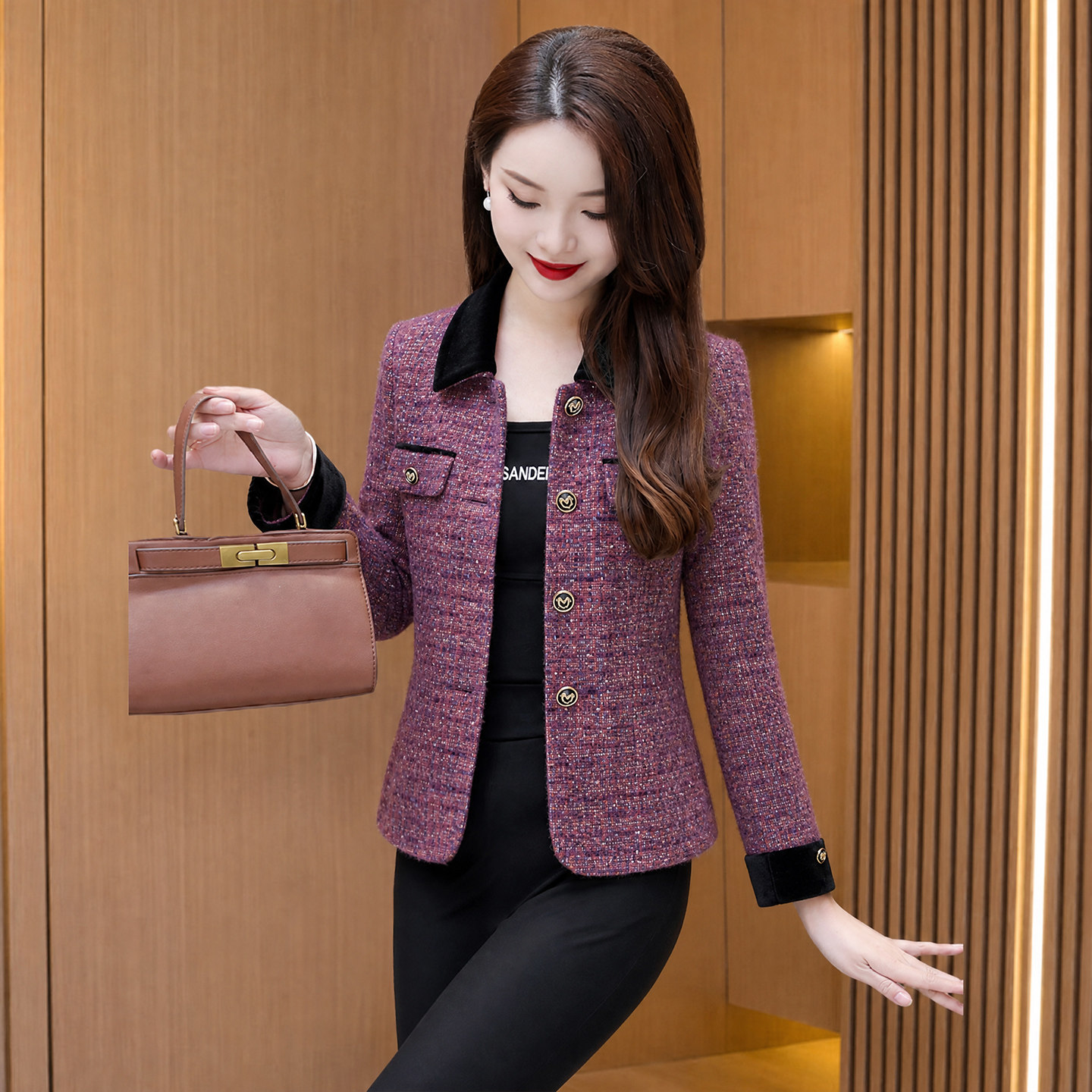 小香风翻领外套女秋高端上档次妈妈小个子短款修身上衣高级感轻薄