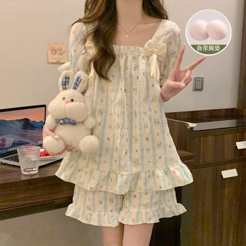 夏季带胸垫睡衣女短袖短裤云朵棉网红薄款可爱甜美卡通套装家居服