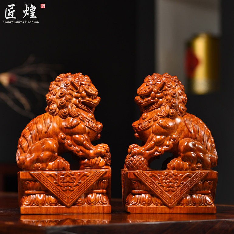 花梨木雕狮子摆件实木一对装饰