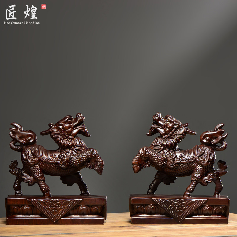 黑檀木雕麒麟摆件实木一对家居客厅电视柜办公桌面装饰红木工艺品