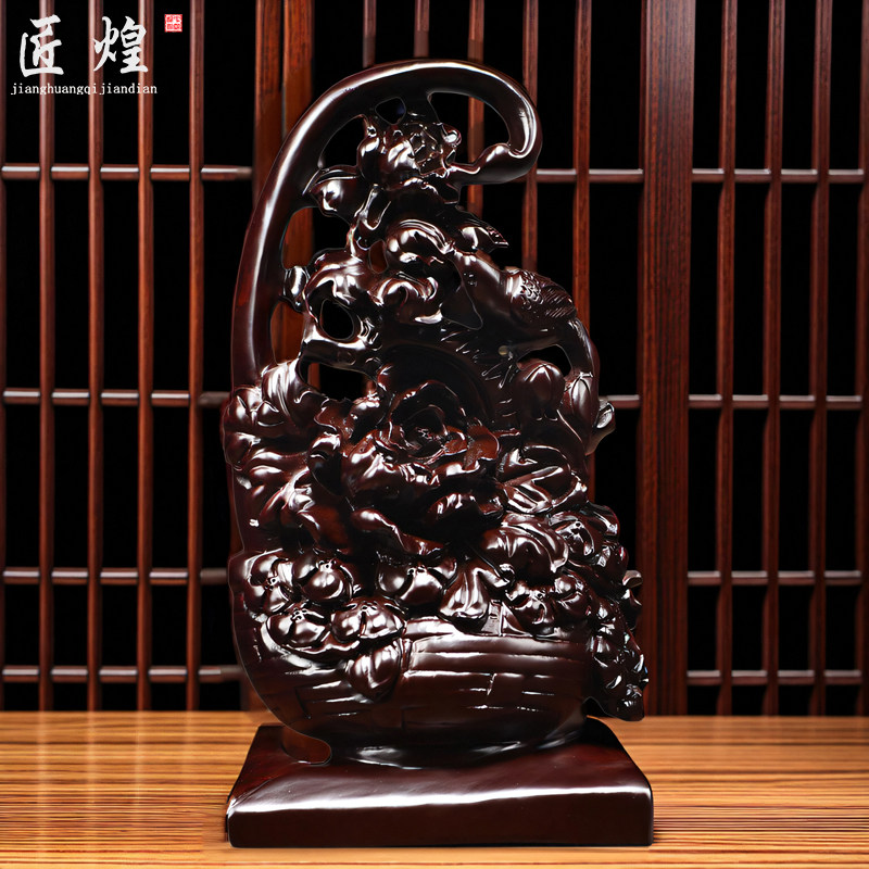 黑檀木雕一篮富贵花篮摆件实木