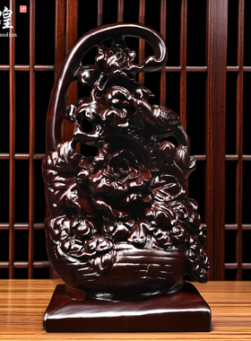 黑檀木雕一篮富贵花篮摆件实木
