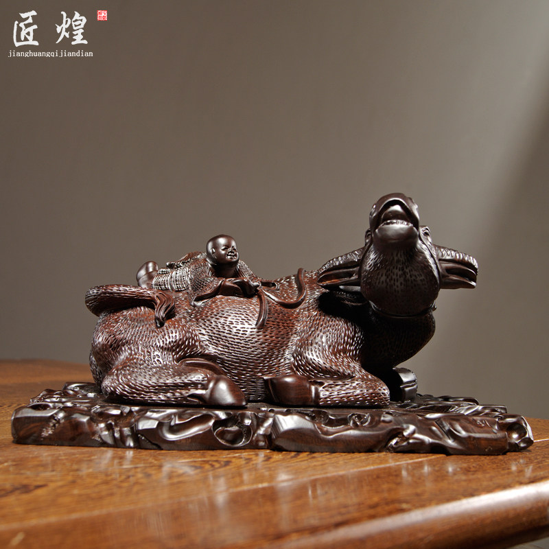 黑檀木雕卧牛摆件实木牧童骑牛