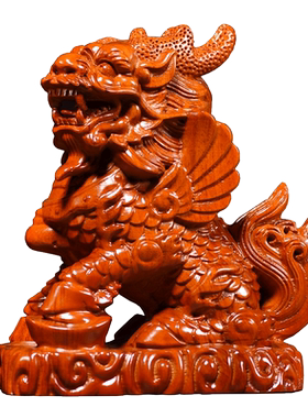 花梨木雕麒麟摆件一对实木装饰