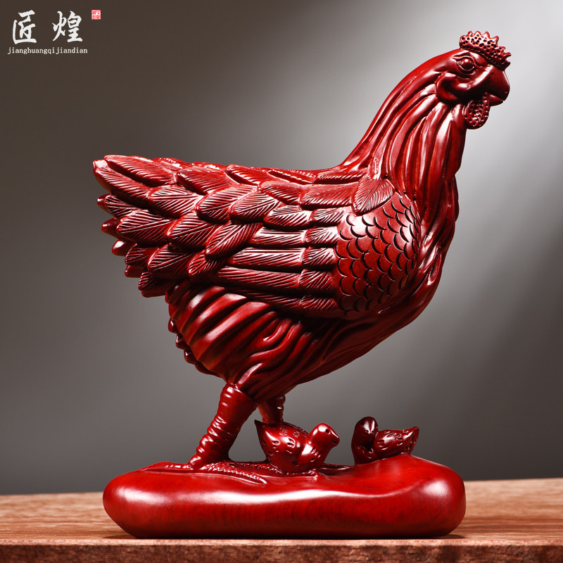 红花梨木雕母鸡摆件实木生肖装饰