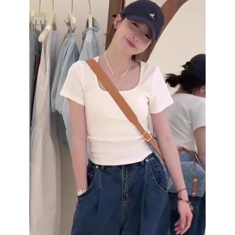 夏季短款短袖ol时尚修身T恤休闲显瘦高腰后背镂空设计感U领打底衫