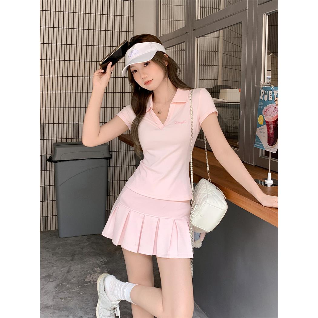 粉色正肩短袖polo衫T恤女
