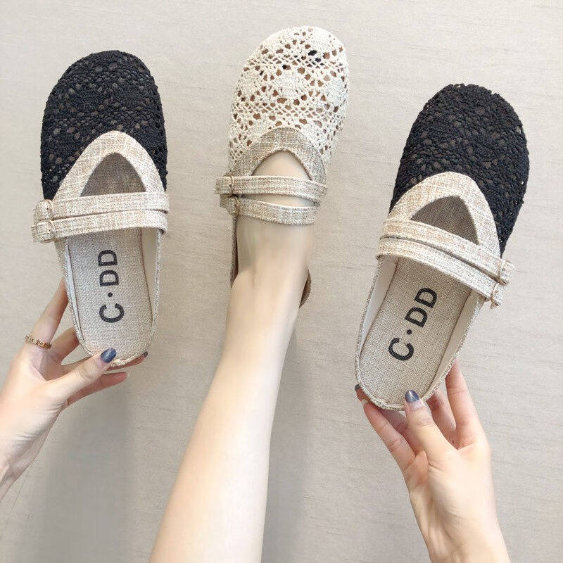 Kenniter亚麻包头半拖鞋女夏季居家休闲家居外穿新款韩版网面镂空
