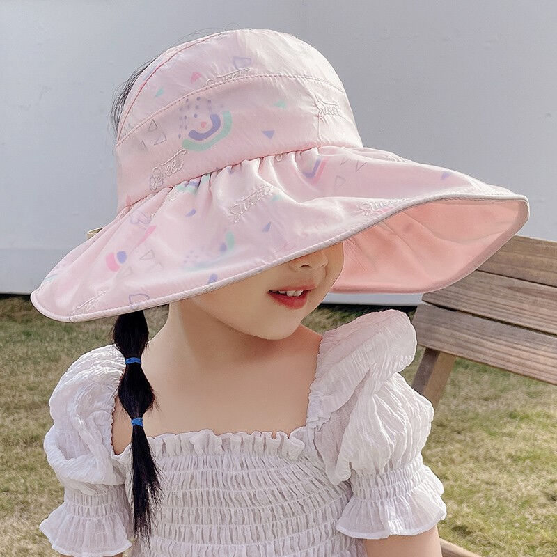 迷人微笑遮阳帽儿童女防晒帽夏天可爱印花可折叠渔夫帽空顶大檐小