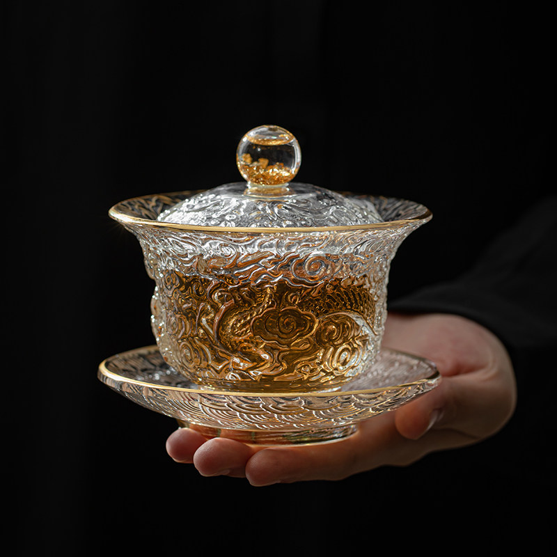 高档水晶玻璃祥龙三才盖碗单个大号泡茶杯碗中国风茶具送礼不烫手