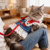 猫咪衣服牛仔卡通牵引裙宠物胸背公主裙薄款 缅因布偶银渐层防掉毛