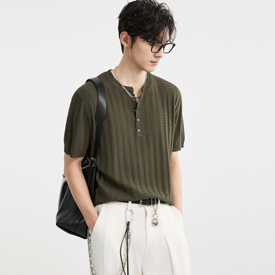 [冰丝透气提花针织]伯爵卓尔奥莱店夏亨利领高级设计感男短袖T恤